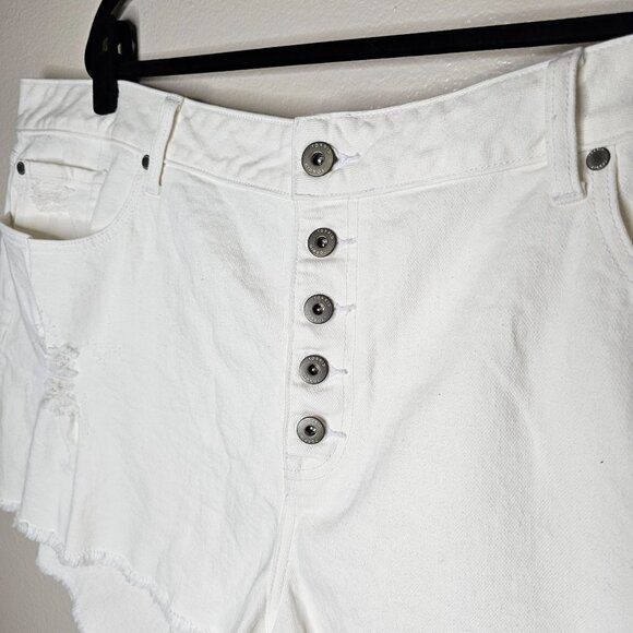Torrid 28 White Denim Cut Off Shorts Button Fly Raw Hem High Rise Distressed - Picture 3 of 7